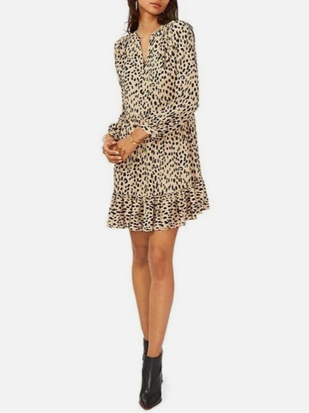 Vince Camuto Beige and Black Leopard Print Long Sleeve Ruffle Dress